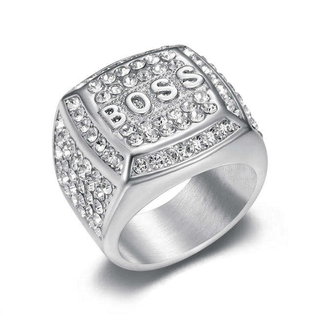 HIPHOP ring titanium steel gold plated diamond box BOSS letter men's ring