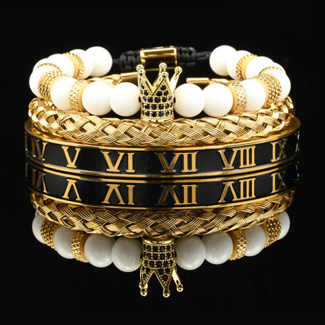 Natural tiger eye stone micro-inlaid zircon crown woven bracelet enamel stainless steel bangle set for men