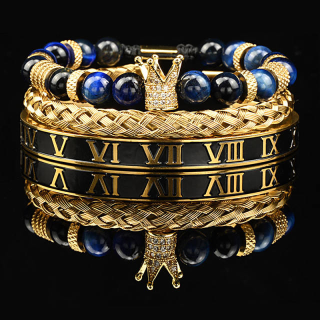 Natural tiger eye stone micro-inlaid zircon crown woven bracelet enamel stainless steel bangle set for men