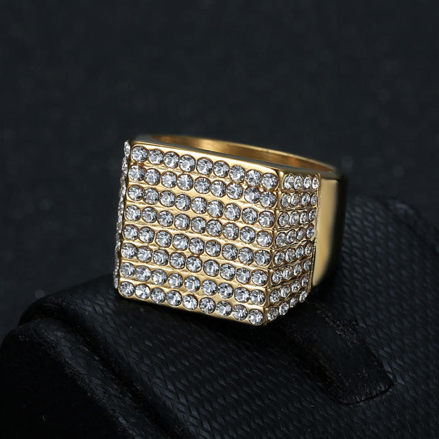 HIPHOP Jewelry Titanium Steel Gold Plated Square Full Diamond Ring