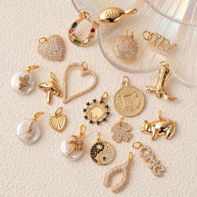 Gold plated copper diamond heart clover taichi DIY jewelry charm