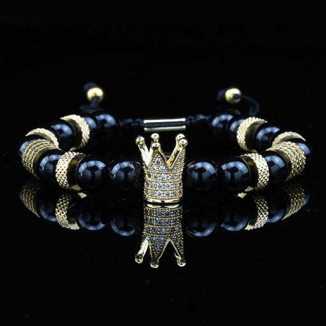 Natural tiger eye stone micro-inlaid zircon crown woven bracelet enamel stainless steel bangle set for men