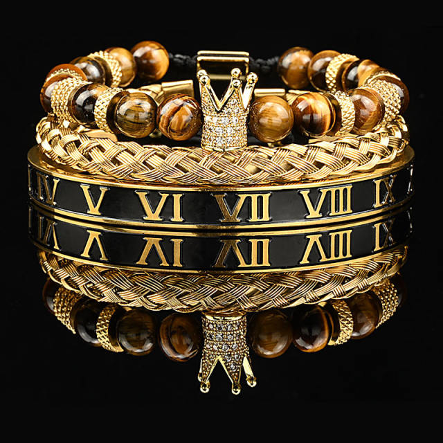 Natural tiger eye stone micro-inlaid zircon crown woven bracelet enamel stainless steel bangle set for men
