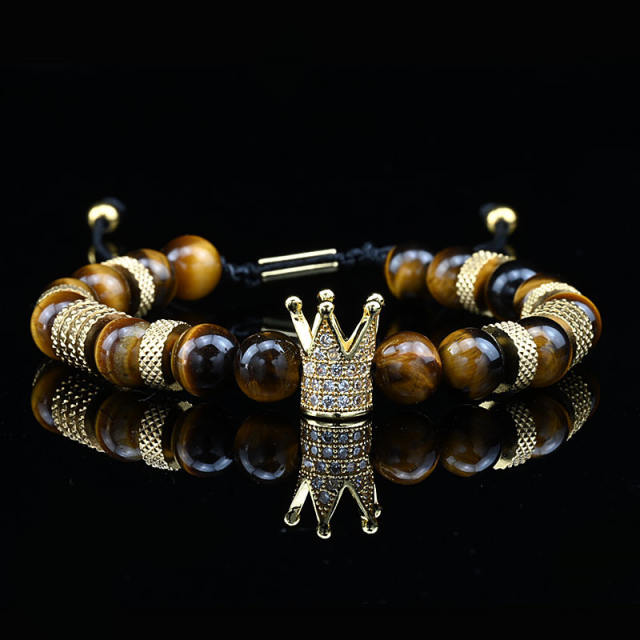Natural tiger eye stone micro-inlaid zircon crown woven bracelet enamel stainless steel bangle set for men