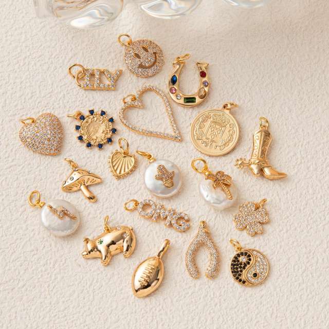 Gold plated copper diamond heart clover taichi DIY jewelry charm