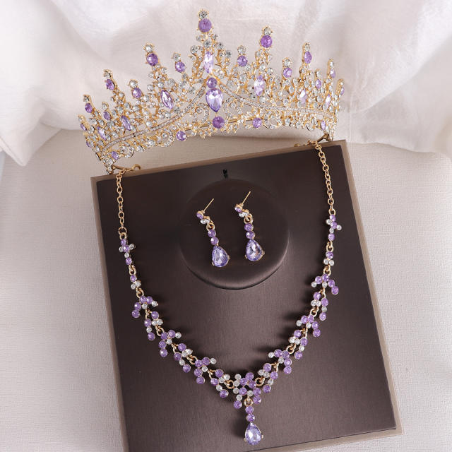 Baroque elegant rhinestone birthday crown bridal necklace earrings suit