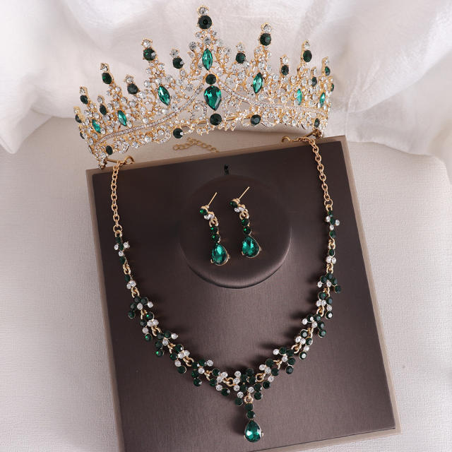 Baroque elegant rhinestone birthday crown bridal necklace earrings suit