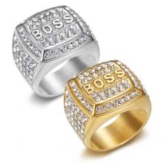 HIPHOP ring titanium steel gold plated diamond box BOSS letter men's ring