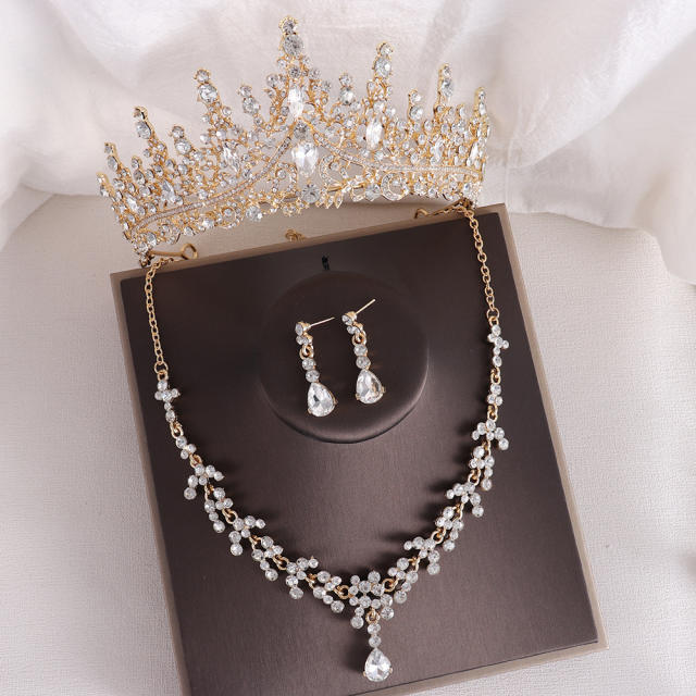 Baroque elegant rhinestone birthday crown bridal necklace earrings suit