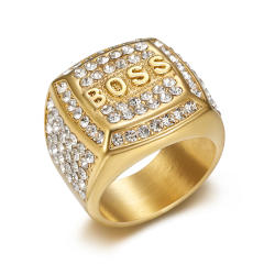 HIPHOP ring titanium steel gold plated diamond box BOSS letter men's ring
