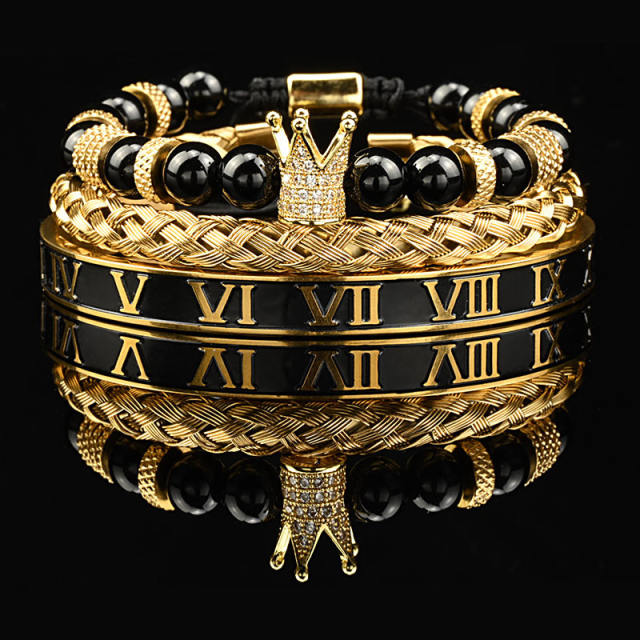 Natural tiger eye stone micro-inlaid zircon crown woven bracelet enamel stainless steel bangle set for men
