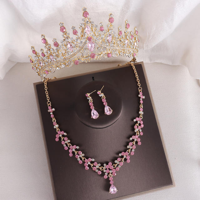 Baroque elegant rhinestone birthday crown bridal necklace earrings suit