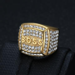 HIPHOP ring titanium steel gold plated diamond box BOSS letter men's ring