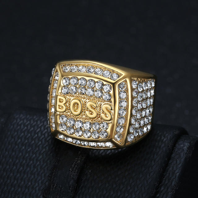 HIPHOP ring titanium steel gold plated diamond box BOSS letter men's ring
