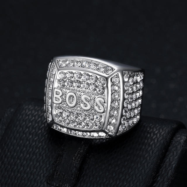 HIPHOP ring titanium steel gold plated diamond box BOSS letter men's ring