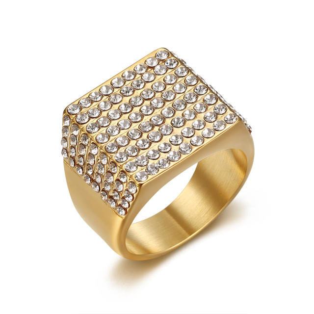 HIPHOP Jewelry Titanium Steel Gold Plated Square Full Diamond Ring