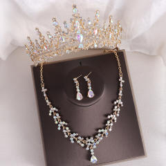 Baroque elegant rhinestone birthday crown bridal necklace earrings suit