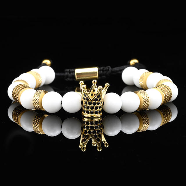 Natural tiger eye stone micro-inlaid zircon crown woven bracelet enamel stainless steel bangle set for men