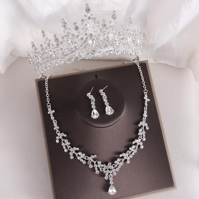 Baroque elegant rhinestone birthday crown bridal necklace earrings suit