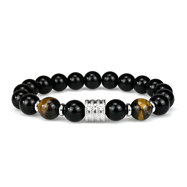 Stainless steel 10mm natural stone bracelet Tiger Eye obsidian men's bracelet wholesale
