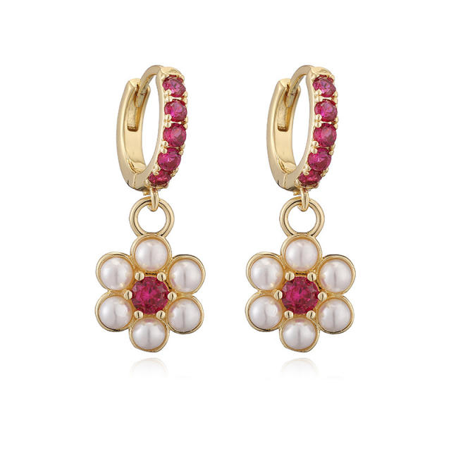 Elegant pearl bead tiny flower copper huggie earrings