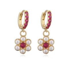 Elegant pearl bead tiny flower copper huggie earrings