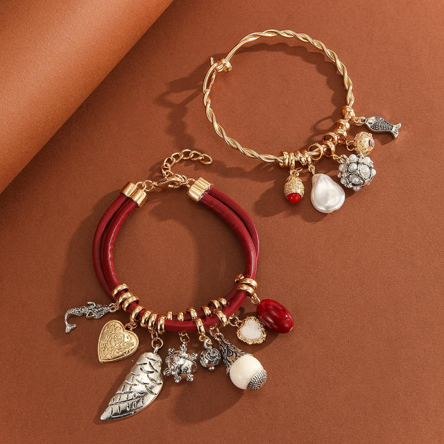 Imitation leather rope alloy leaf Charm layer necklace bracelet suit