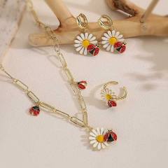 Sweet enamel daisy ladybug charm necklace earrings rings suit