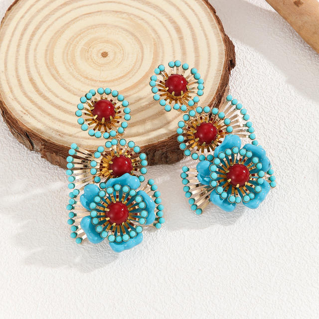 Boho handmade blue bead flower dangle earrings