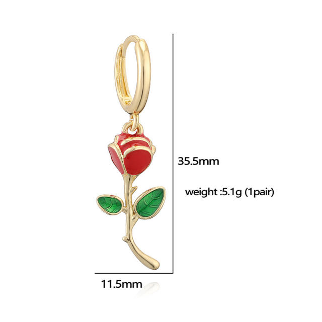 Sweet enamel rose flower pendant copper necklace earrings suit