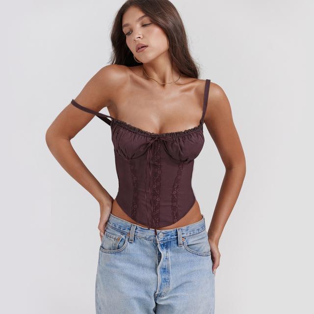 Summer new fashion lace stitching strap cropped tops camisoles