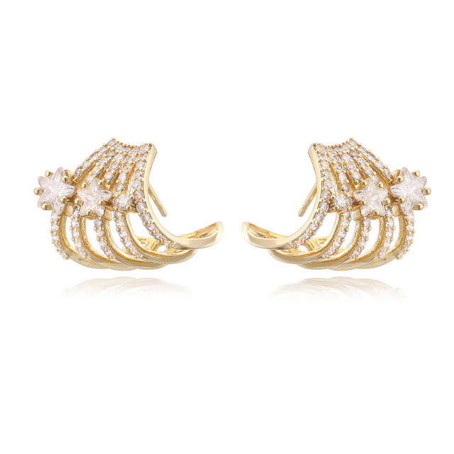 Creative pave setting cubic zircon C shape copper earrings