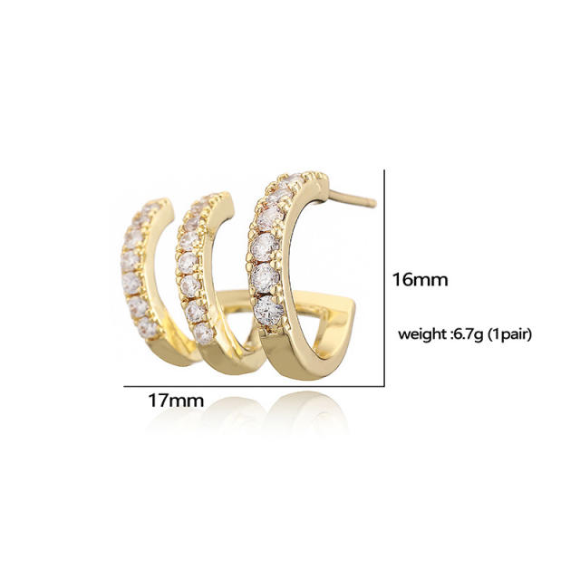 Creative pave setting cubic zircon C shape copper earrings