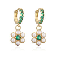 Elegant pearl bead tiny flower copper huggie earrings