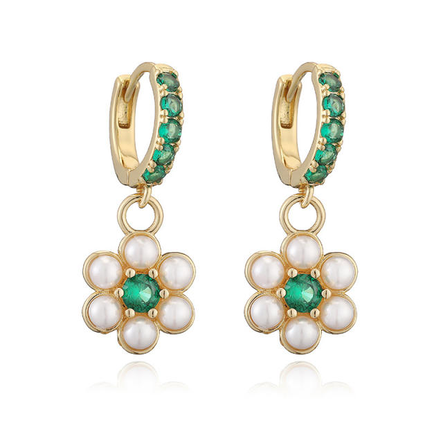 Elegant pearl bead tiny flower copper huggie earrings