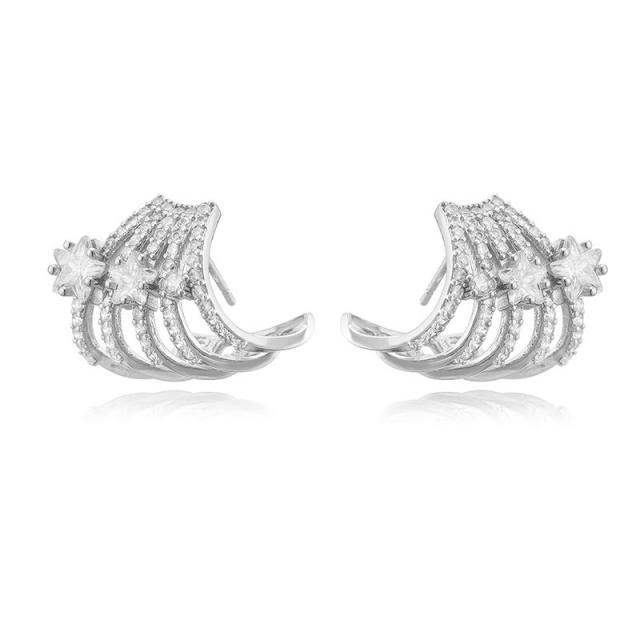Creative pave setting cubic zircon C shape copper earrings