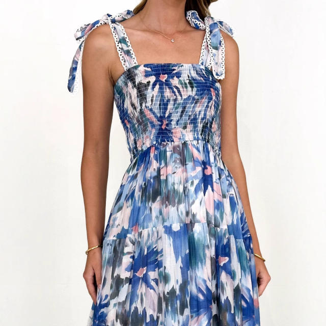 Summer flower printed sling elastic waist knot shoulder strap large dress long