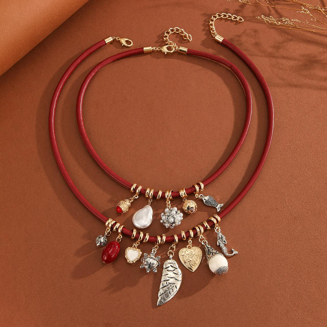 Imitation leather rope alloy leaf Charm layer necklace bracelet suit
