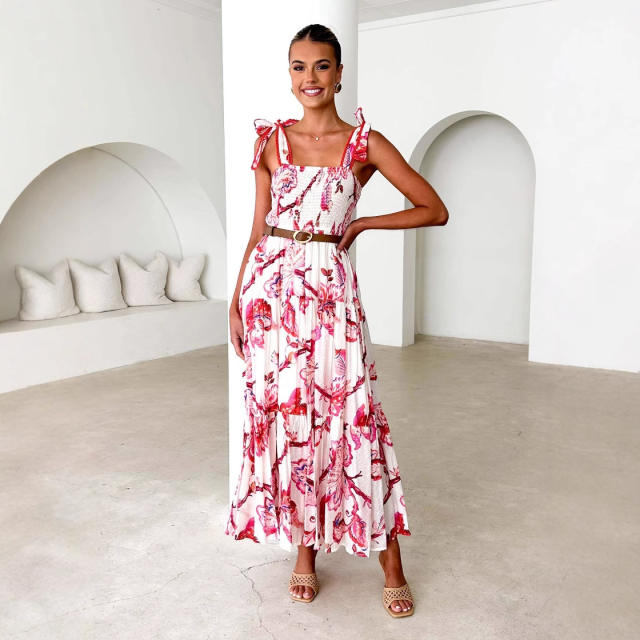 Summer flower printed sling elastic waist knot shoulder strap large dress long