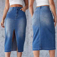 Blue denim skirt skirt women's split hip A- line skirt