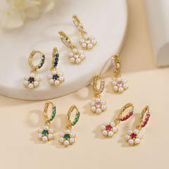 Elegant pearl bead tiny flower copper huggie earrings