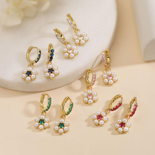 Elegant pearl bead tiny flower copper huggie earrings