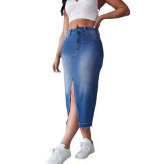 Blue denim skirt skirt women's split hip A- line skirt