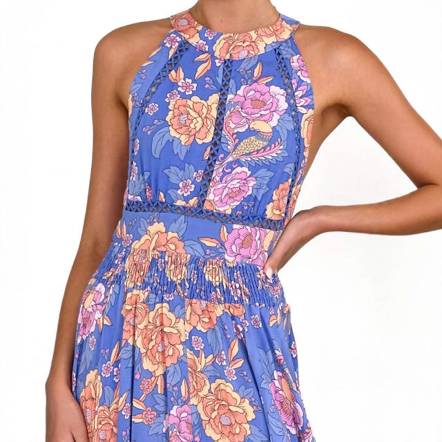 2025 floral Printed halter Neck Beach Bohemian High Waist Backless Floral dress