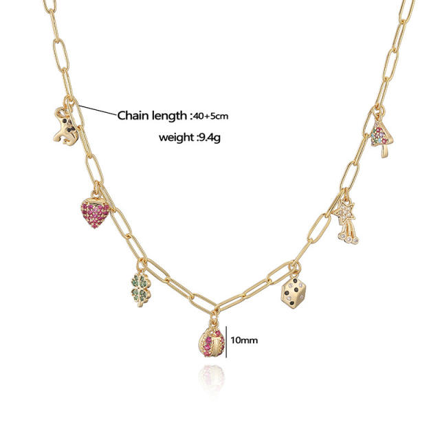 Sweet rhinetone ladybug strawberry heart charm copper necklace