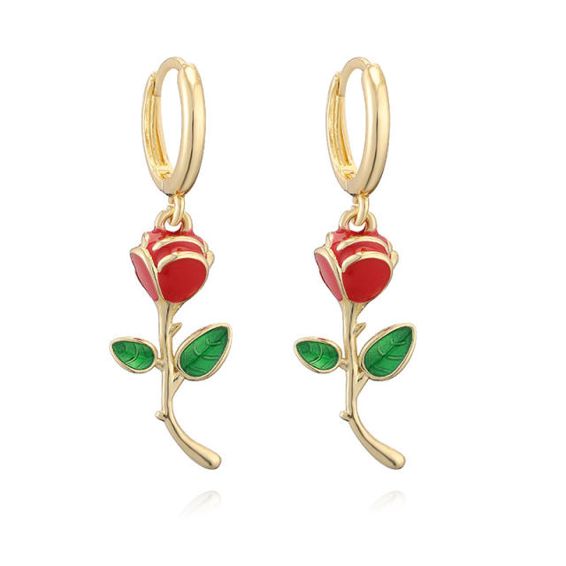 Sweet enamel rose flower pendant copper necklace earrings suit