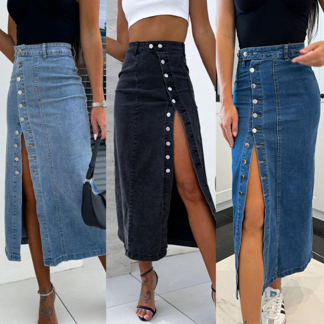 Women's Button Irregular Split Half-length Denim Skirt High Waist Sexy Slim-fit Hip Skirt