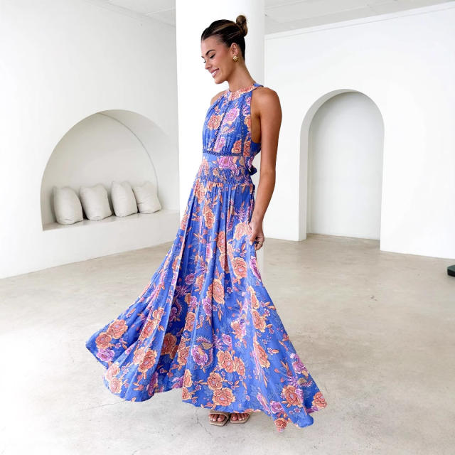2025 floral Printed halter Neck Beach Bohemian High Waist Backless Floral dress