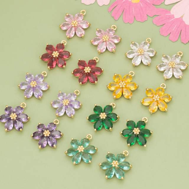 Electroplated 18K gold micro-inlaid colored diamond petal pendant for earrings necklace bracelet 1pcs