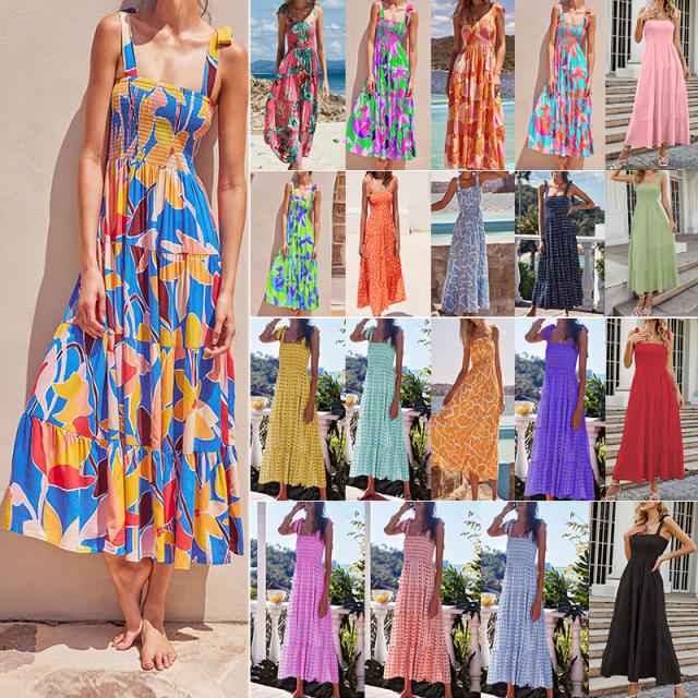 Summer Women's Clothing Leisure Commuter Sleeveless Spice Girl Printed Long Sling dress